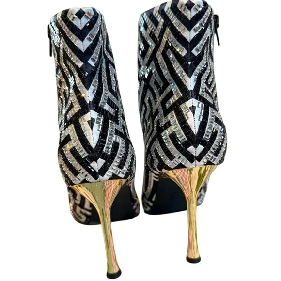 INC Black White Maze Rakima Sparkle Pointed Toe Gold Heeled Women's Boots 8 - Picture 3 of 9